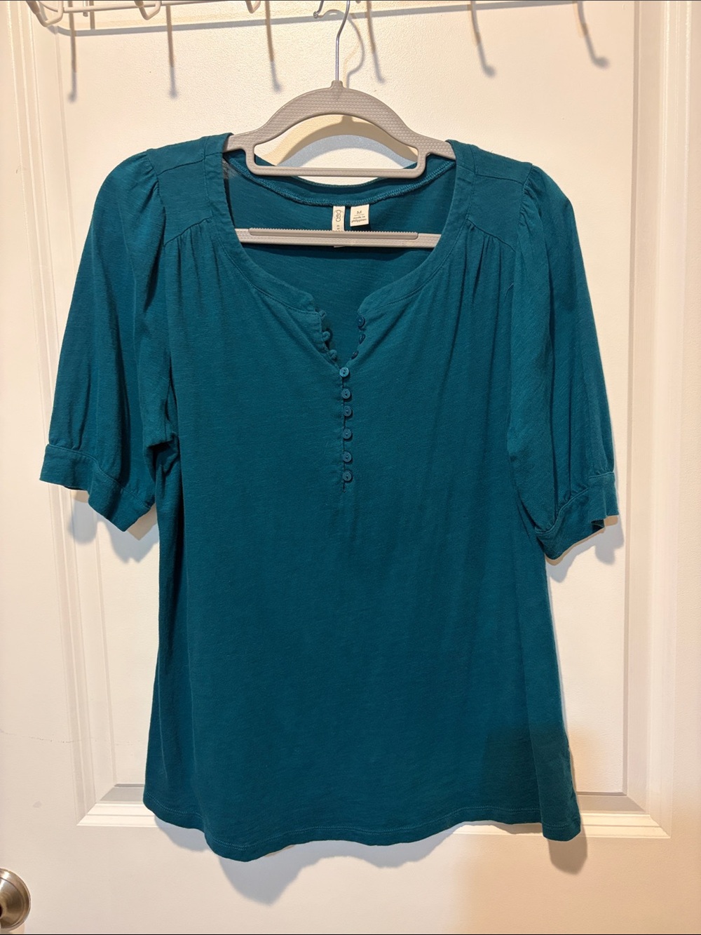 Cato Teal Button-Front Puff Sleeve Top
